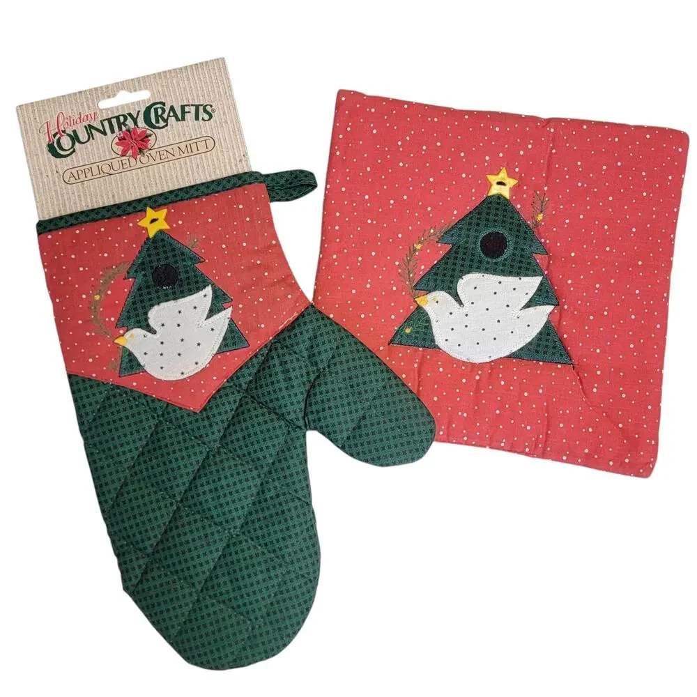 VTG 90s Christmas Oven Mitt Pot‎ Holder Set Tree Bird Applique Red Green Holiday